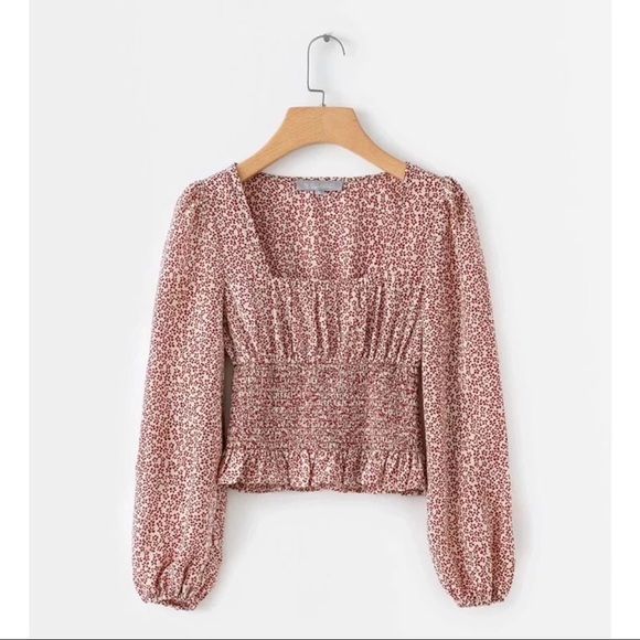 Boho Cream Red Square Necked Smocked Waist Top - Picture 4 of 8